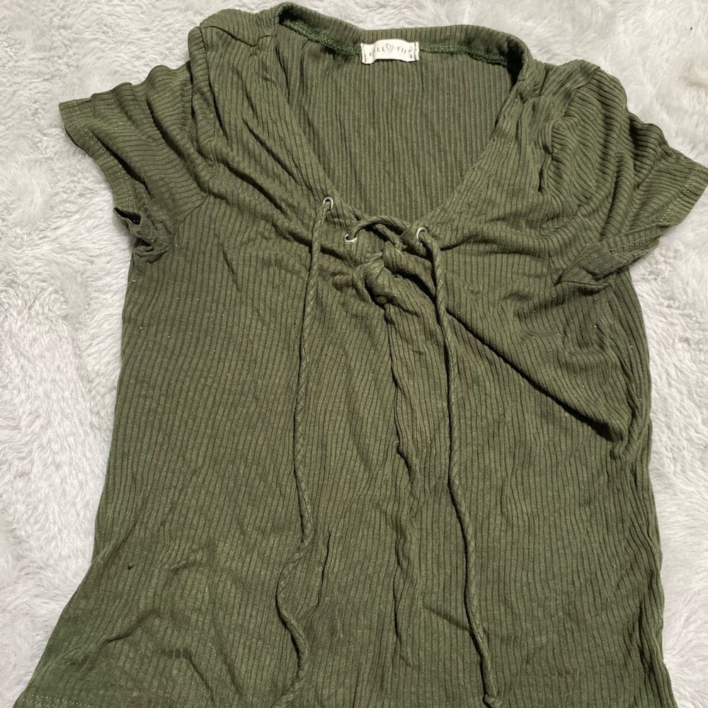 Olive green top, string tie detail